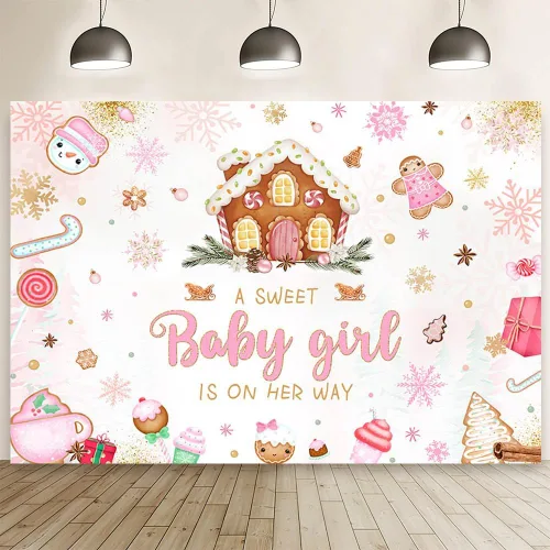 Vista 7 de MEHOFOND Fondo de Navidad de 7 x 5 pies para baby shower con texto en inglés "A Sweet Baby Girl is On Her Way", fondo de fotografía de copo de nieve