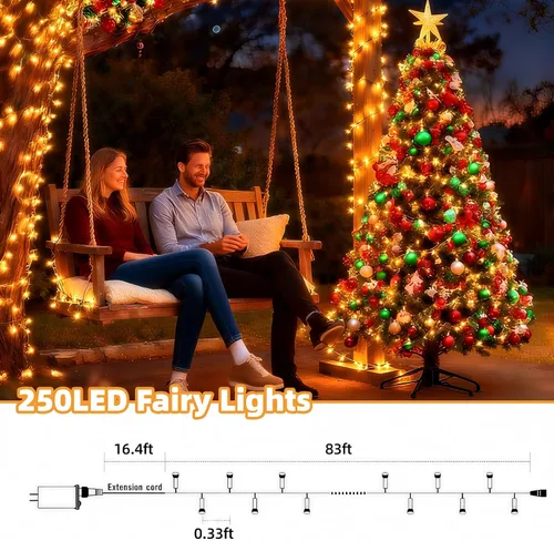Vista 5 de AHAWILL Luces de Navidad blancas cálidas para exteriores, tira de 250 luces LED de 83 pies con 8 modos, luces de árbol de Navidad para interiores