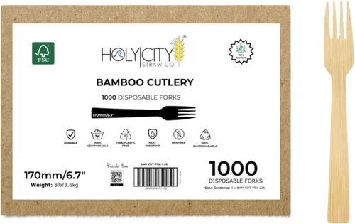 Vista 17 de Juego de cubiertos de bambú surtidos 24 unidades Utensilios compostables de 6.7 pulgadas Vajilla desechable Sin plástico Ideal para uso