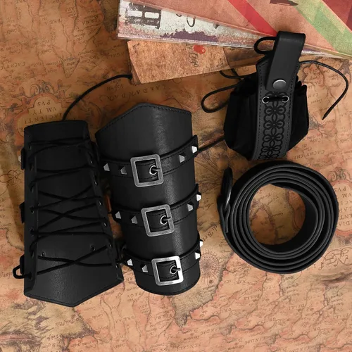 Vista 4 de Renaissance Accessories - Cinturón renacentista vikingo, medieval, vintage, de cuero, protector de brazo y espada