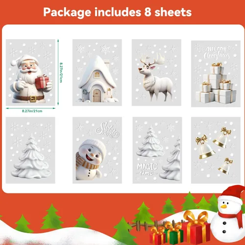 Vista 2 de Adhesivos de ventana de Navidad, calcomanías de ventana de Navidad 3D, color blanco, de doble cara para decoraciones de Navidad (8 hojas)