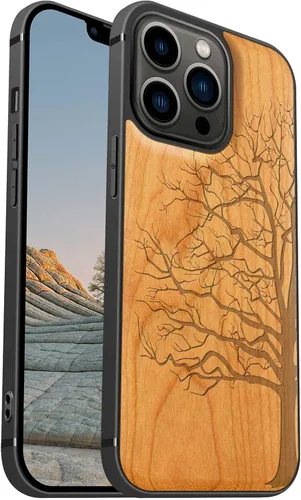 Vista 16 de Carveit Funda magnética de madera para iPhone 13 [madera real dura y TPU suave] Funda protectora híbrida de madera única y elegante a prueba