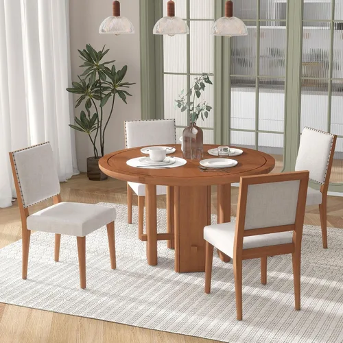 Vista 29 de VilroCaz Juego de comedor funcional retro de 5 piezas, mesa de comedor extensible de madera maciza con una hoja de 16 pulgadas y 4 sillas tapizadas