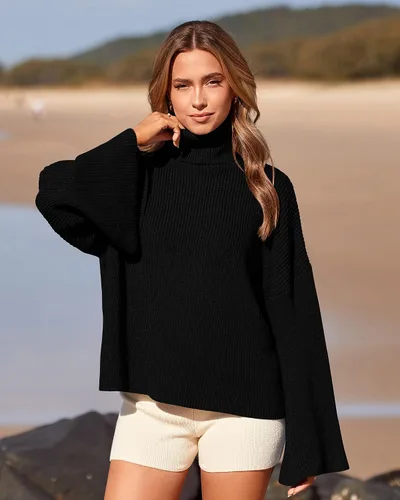 Vista 3 de BTFBM Suéteres de cuello alto para mujer, 2023, otoño, invierno, acampanados, de manga larga, holgados, de punto acanalado, de gran