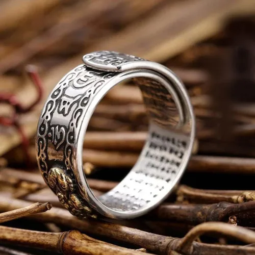 Vista 8 de SANGHAI Feng Shui Pixiu Anillo Feng Shui Pixiu Mani Mantra Protección de Riqueza Anillo Amuleto Riqueza Abierto Abierto Anillo Budista Joyería