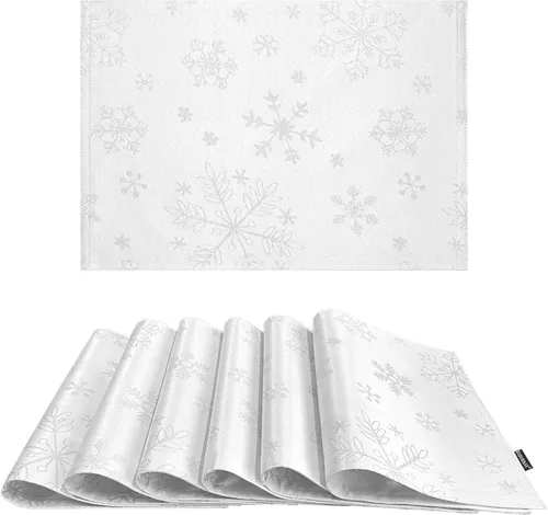 Vista 10 de HARORBAY Juego de 6 manteles individuales blancos, manteles individuales con copos de nieve dorados para comedor, cocina, fiesta, vacaciones