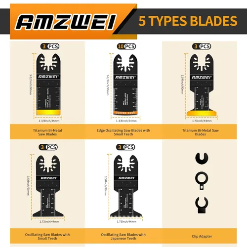 Vista 2 de AMZWEI 22 cuchillas oscilantes para herramientas, 5 tipos de titanio y HCS hojas de sierra oscilantes para metal, madera, plástico, cuchillas