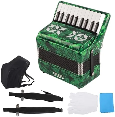 Vista 6 de BTER Acordeón, 22 teclas, 8 bajos, exquisito acordeón de piano de celuloide con correas ajustables, instrumento musical de afinación profesional