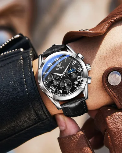 Vista 3 de OLEVS Reloj para hombre cuero marrón moda cronógrafo reloj luminoso impermeable casual relojes de pulsera