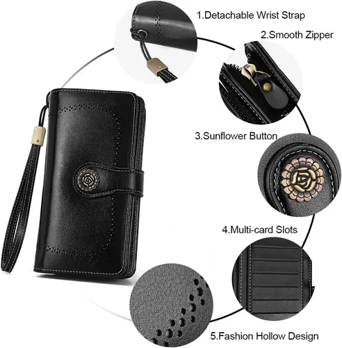 Vista 5 de Cartera de cuero para mujer, de gran capacidad, bolso de mano con bloqueo RFID, tarjetero con ventana de identificación, Negro