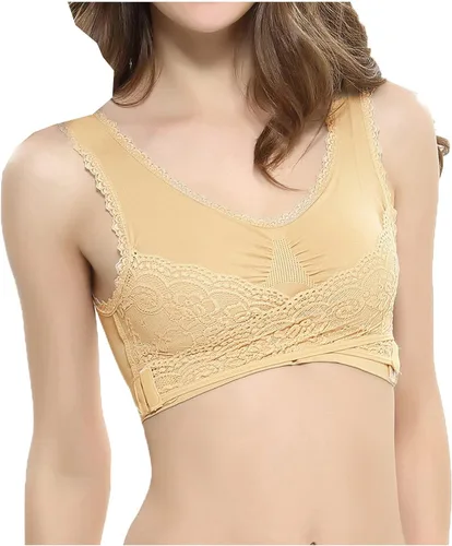 Vista 2 de Brasier de encaje con hebilla lateral cruzada frontal para mujer, brasier cómodo corsé sin alambre, brasier de encaje push up, talla grande