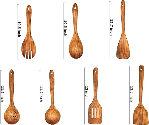 Vista 2 de Cucharas de madera para cocinar, Utensilios de madera para cocinar 7 piezas, Utensilios de cocina de madera, Juego de utensilios de cocina