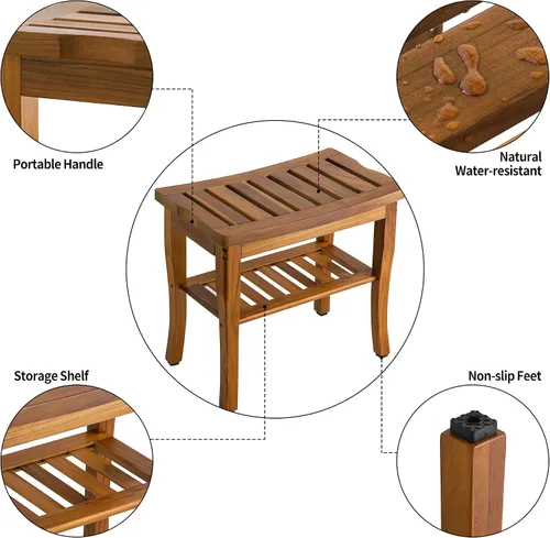Vista 5 de VaeFae Banco de ducha de teca, taburete de ducha de baño de spa con estante de almacenamiento, taburete de asiento de madera para baño