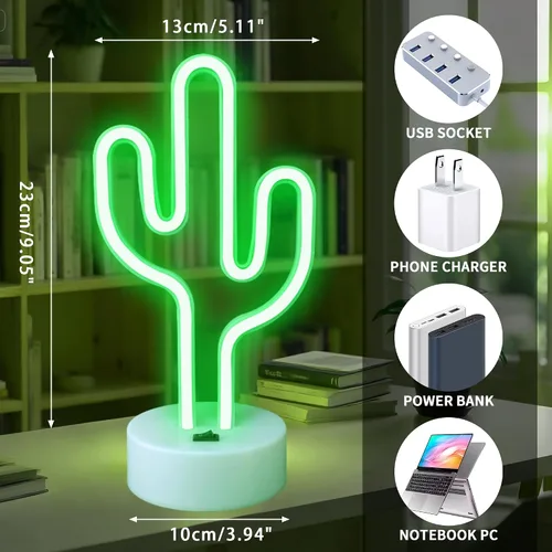 Vista 4 de Luces de neón de cactus verdes con base de soporte, letreros de neón de cactus para dormitorio, mesa, bar, cumpleaños, decoración de Navidad, verano