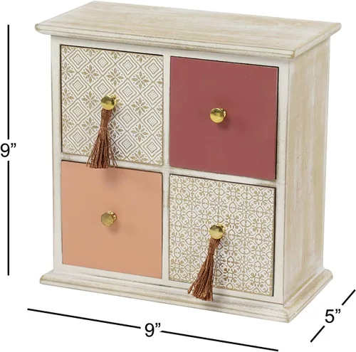 Vista 5 de Deco 79 Joyero floral de madera de 4 cajones con pomos de borlas, 9 x 4 x 9 pulgadas, marrón