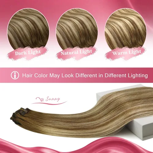 Vista 4 de Ve Sunny Extensiones de cabello humano real con clip balayage, color marrón castaño degradado a rubio, 12 pulgadas, 5 unidades, 2.82 onzas