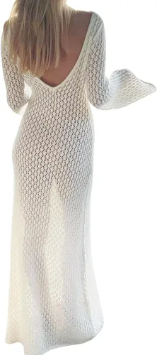 Vista 5 de Vestido largo de punto de ganchillo para mujer, vestido largo ajustado de manga larga sin espalda