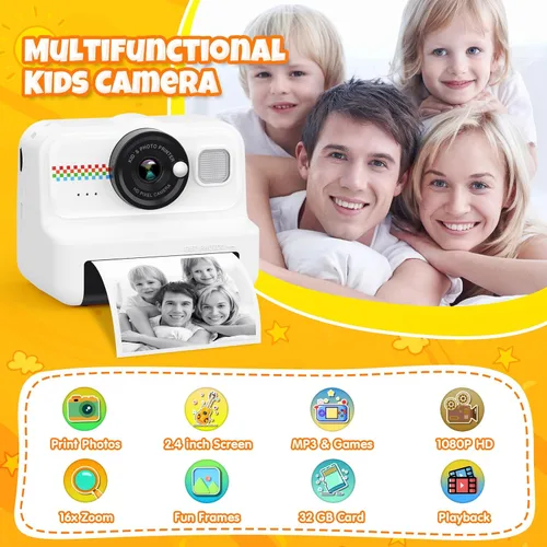 Vista 2 de Cámara de Impresión Instantánea HiMont para Niños, Cámara Digital HD 1080P para Niños con 3 Rollos de Papel de Impresión y Tarjeta de 32GB, Juguetes