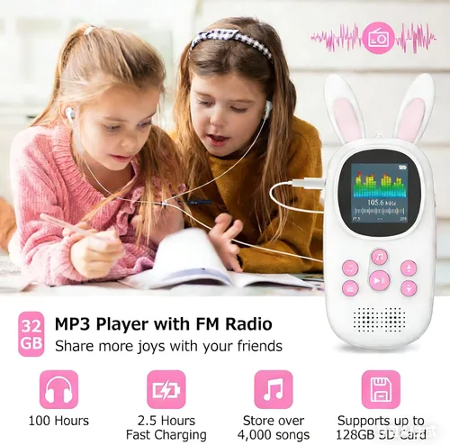 Vista 5 de Reproductor Mp3 para Niños, Lindo Reproductor Mp3 de Conejo para Niños con Bluetooth, Reproductores Mp3 de 32GB con Altavoz, Radio FM, Grabaciones