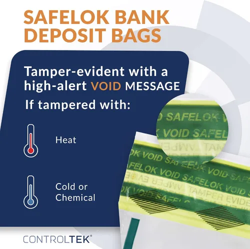 Vista 2 de ControlTek SafeLok 585088 - Bolsa de 500 unidades, transparente con bolsillo, 500 bolsas de depósito a prueba de manipulaciones, bolsillo exterior