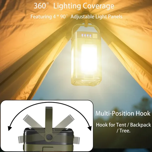 Vista 2 de Linterna solar LED para camping, portátil, IPX4, impermeable, recargable, con carga solar de 2000 mAh e indicador de potencia LED, linterna con 6