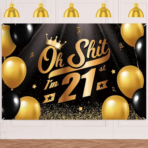 Vista 44 de Oh S*hit I'm 10th Banner telón de fondo negro dorado globos corona confeti Hallo Quince Cheers to 10 años decoración temática decoración para hombre