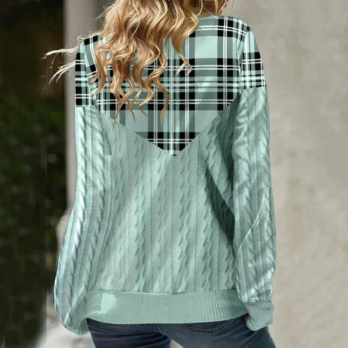 Vista 3 de Womens Texture Hooded Sweatshirt Plaid Patchwork Hoodie Long Sleeve Fashion Tops Cowl Neck Scuba Pullover Shirts