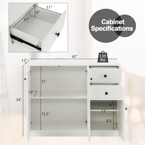 Vista 3 de Giantex Armario de buffet con almacenamiento, aparador de cocina con 2 cajones, armario grande y pequeño de 3 puertas, estantes ajustables, armario