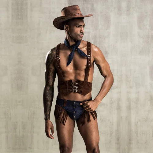 Vista 6 de Conjunto de lencería sexy de vaquero para hombre, disfraz de uniforme retro para juego de roles