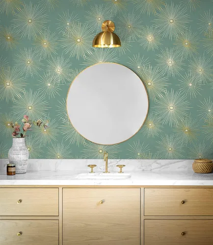 Vista 3 de NextWall Star Burst Geo - Papel tapiz autoadhesivo de mediados de siglo (verde azulado y dorado metálico)