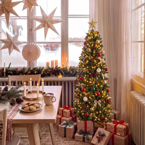 Vista 3 de HOLLO STAR Árbol de Navidad preiluminado de 4.5 pies, luces RGBW, control Árbol de Navidad artificial con 148 luces LED, 330 puntas de rama, base