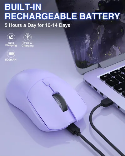 Vista 6 de AULA SC580X - Ratón inalámbrico para juegos, triple modo 2.4GBT5.0USB-C con 12000 DPI, 6 botones programables, mouse de computadora recargable