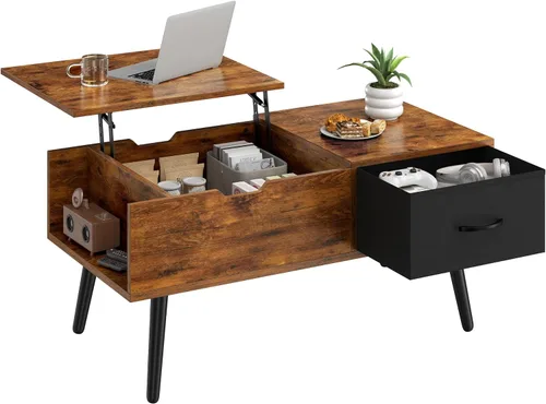 Vista 10 de Yaheetech Mesa de centro elevable para sala de estar, mesas centrales pequeñas de madera con gran cajón de almacenamiento y compartimento oculto