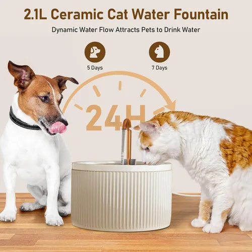 Vista 5 de Fuente de agua de cerámica para gatos DOOOB, fuentes de cerámica para gatos de 2.1L/71oz, fuente de agua automática para mascotas para gatos, fuente