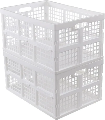 Vista 7 de Paquete de 2 cajas de almacenamiento plegables de plástico, 40 L, cesta de almacenamiento plegable apilable grande, color blanco