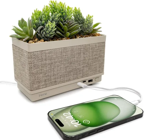 Vista 7 de iHome PowerPlant - Estación de carga, suculentas falsas con estación de carga USB para iPhone, Android y más, color blanco (iPP45)