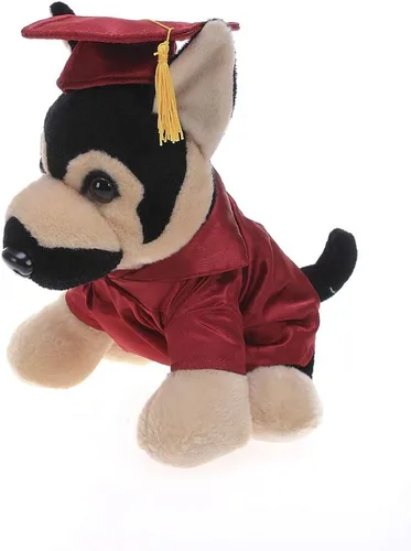 Vista 10 de Plushland Pastor alemán de peluche para el día de graduación, texto personalizado, nombre o logotipo de tu escuela en el vestido, lo mejor
