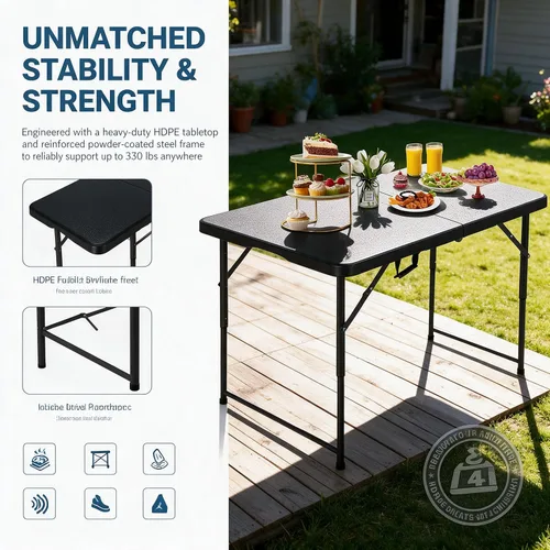 Vista 5 de Mesa Plegable de 4 Pies de Altura Ajustable con Asa Incorporada, Mesa Plegable Portátil de Servicio Pesado de 4 Pies con Patas de Acero para Negro