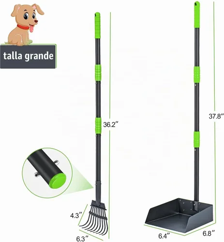 Vista 4 de Niubya Recogedor de excrementos para perros, bandeja de metal para recoger excrementos y rastrillo con mango largo ajustable, recogedor de Negro