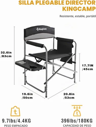 Vista 3 de KingCamp Silla de director acolchada plegable para acampar con mesa auxiliar y bolsillo, color gris
