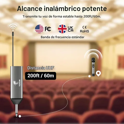 Vista 3 de Micrófono inalámbrico TONOR, sistema de micrófono de mano inalámbrico de metal UHF con receptor recargable, para karaoke, canto, fiesta, boda, DJ