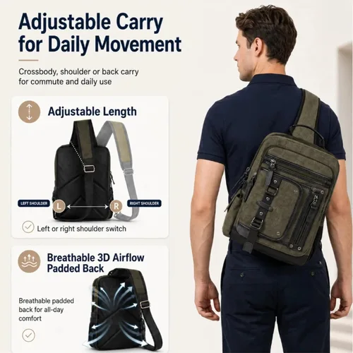 Vista 8 de Bolsa de mensajero para hombre, bolsa cruzada de lona, mochila cruzada, bolsa de hombro para laptop, senderismo, mochilas casuales tácticas