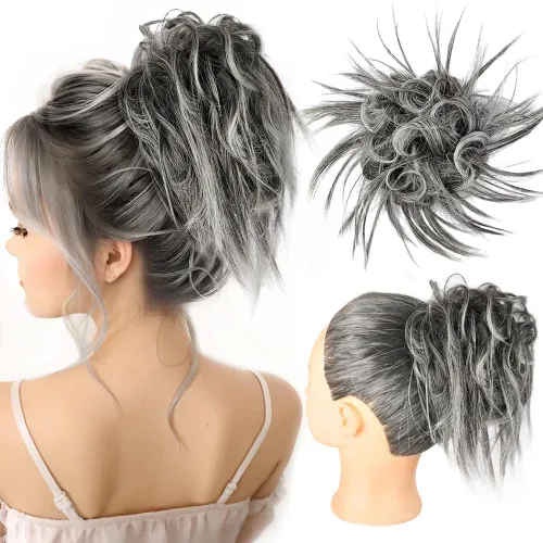Vista 15 de HMD - Extensiones de cabello tipo chongo alborotado con rodelo despeinado, banda elástica de goma, extensiones de cabello sintético para mujer