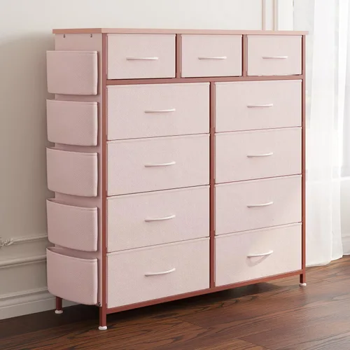 Vista 43 de Cómoda de almacenamiento de tela con 11 cajones para organización del dormitorio, cómoda con estantes profundos, bolsillos laterales y ganchos, Negro