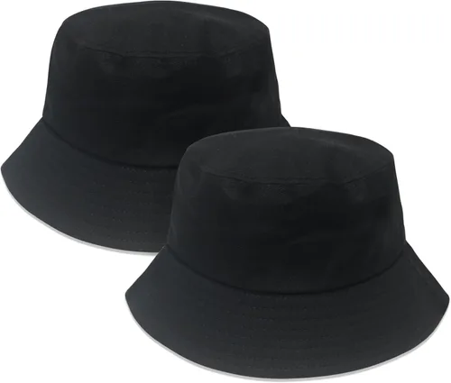 Vista 25 de PFFY 2 Packs Bucket Hat for Women Men Cotton Hats Sun Beach Fishing Cap 2 paquetes negro (reversible)