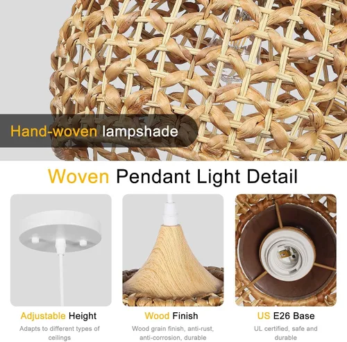 Vista 2 de Luces Colgantes Bohemias, Candelabro de Ratán de 1 Luz de 15.7", Luz Colgante de Mimbre Tejida a Mano con Pantalla de Jacinto de Agua, Luz Colgante
