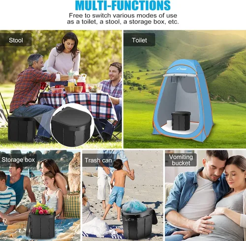 Vista 6 de Inodoro portátil para acampar, inodoro plegable para adultos con tapa y soporte retráctil para papel higiénico, inodoro portátil impermeable