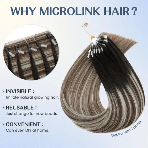 Vista 2 de Hairro Micro Loop - Extensiones de cabello humano microenlaces de microperlas de cabello Remy para mujer, reflejos degradados, fusión fría, micro