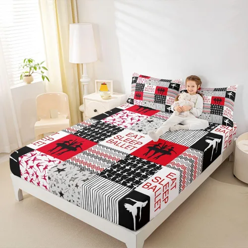 Vista 25 de Sábana bajera ajustable de ballet para niñas, juego de ropa de cama de ballet para danza de ballet, sábanas de cama con rayas geométricas onduladas