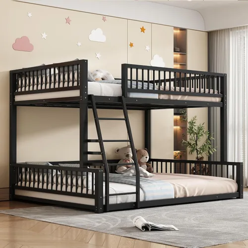 Vista 25 de Litera de metal resistente de tamaño individual sobre matrimonial, con escalera integrada y barandilla de seguridad para niños, adolescentes